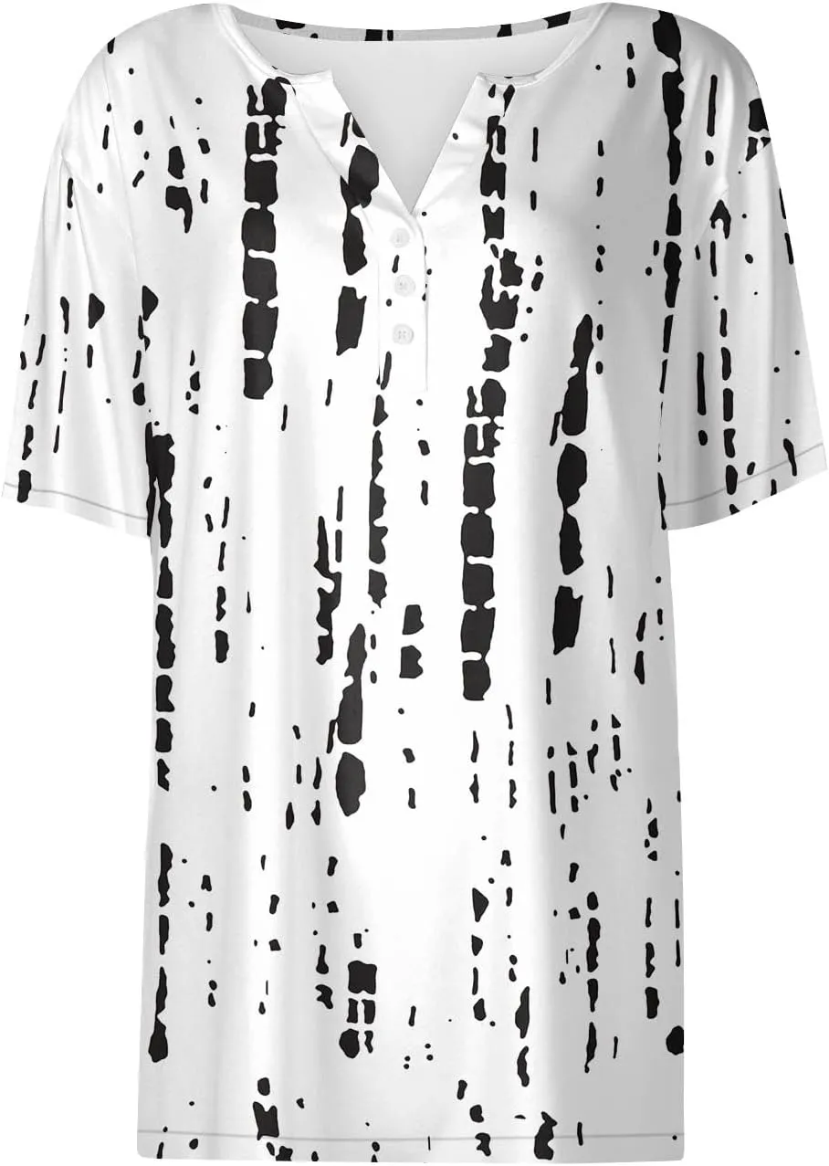 Women'S T-Shirts Button Down Tunic Tops Short Sleeve Floral Blouse Henley V Neck Summer Clothes