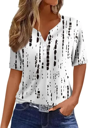 Women'S T-Shirts Button Down Tunic Tops Short Sleeve Floral Blouse Henley V Neck Summer Clothes