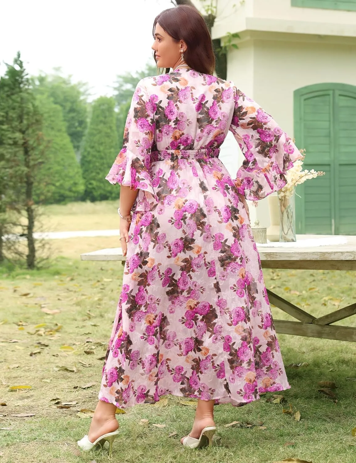 Women's V Neck Floral Dress Bell Half Sleeve Smocked Waist Side Split Flowy A Line Maxi Wedding Guest Dresses