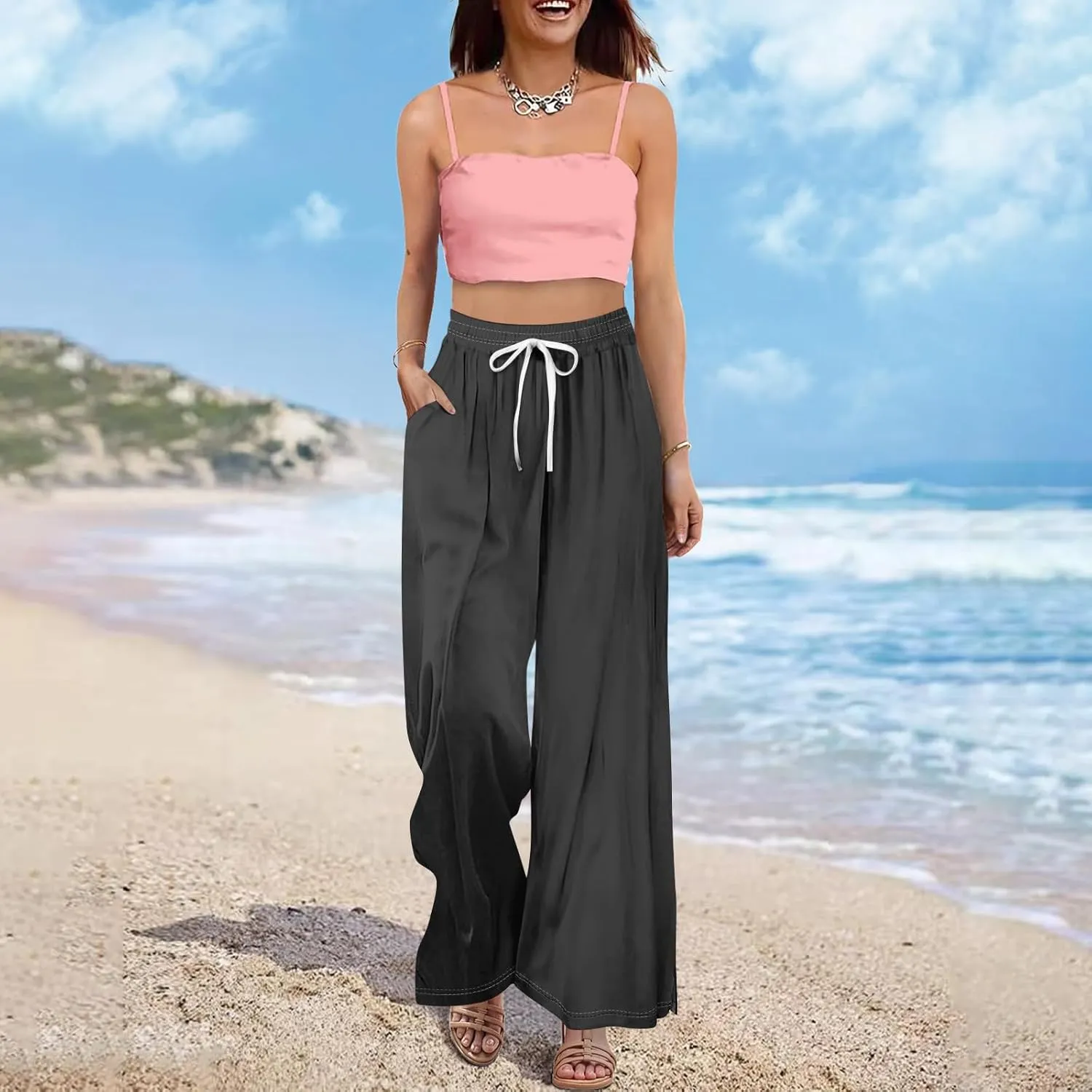 Womens Wide Leg Boho Pants High Rise Summer Floral Pants Casual Stretchy Elastic Waist Slit Outfits with Pockets Loose
