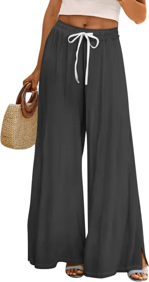 Womens Wide Leg Boho Pants High Rise Summer Floral Pants Casual Stretchy Elastic Waist Slit Outfits with Pockets Loose