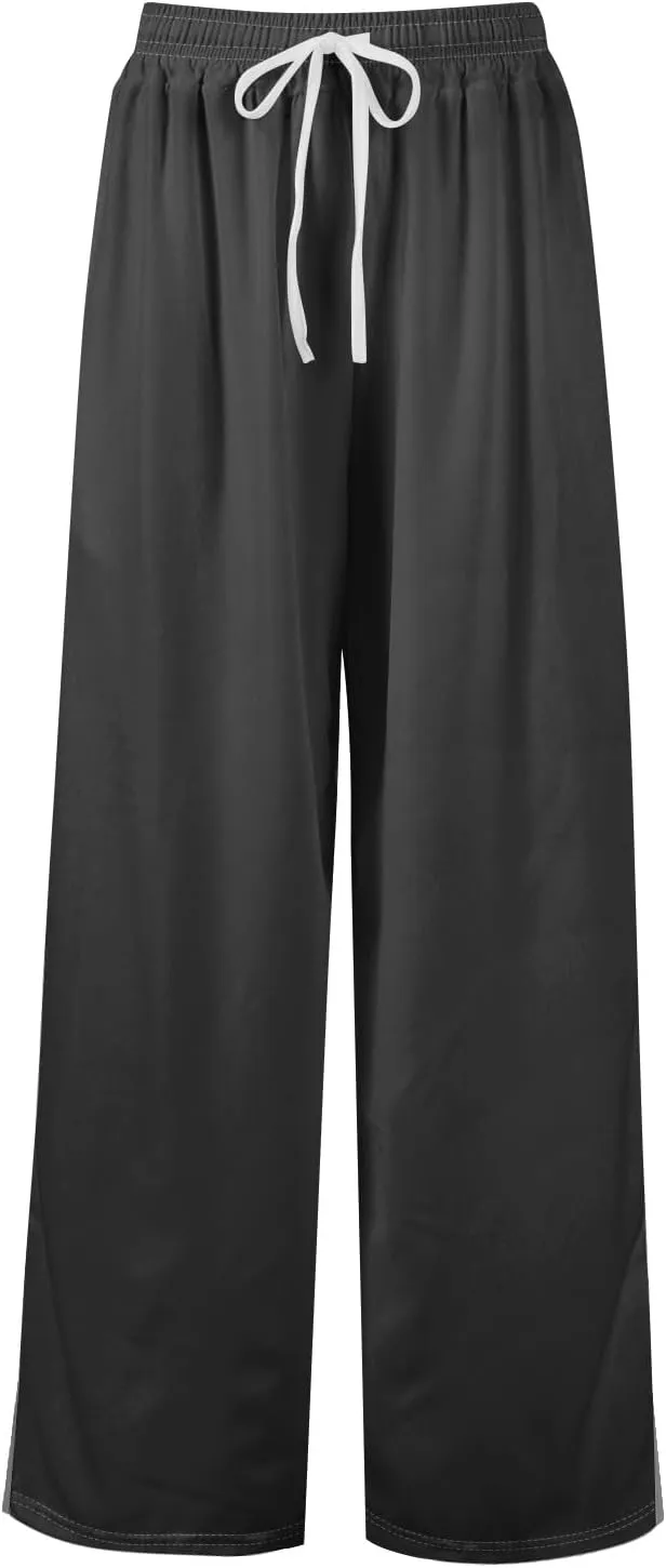 Womens Wide Leg Boho Pants High Rise Summer Floral Pants Casual Stretchy Elastic Waist Slit Outfits with Pockets Loose