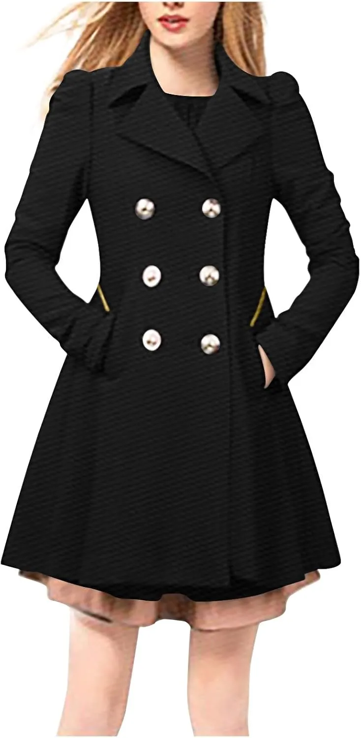 yardsong Womens Trendy Pea Coats Double Breasted Business Casual Trench Coats Notched Lapel Collar Long Sleeve Swing Jackets