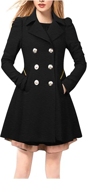 yardsong Womens Trendy Pea Coats Double Breasted Business Casual Trench Coats Notched Lapel Collar Long Sleeve Swing Jackets