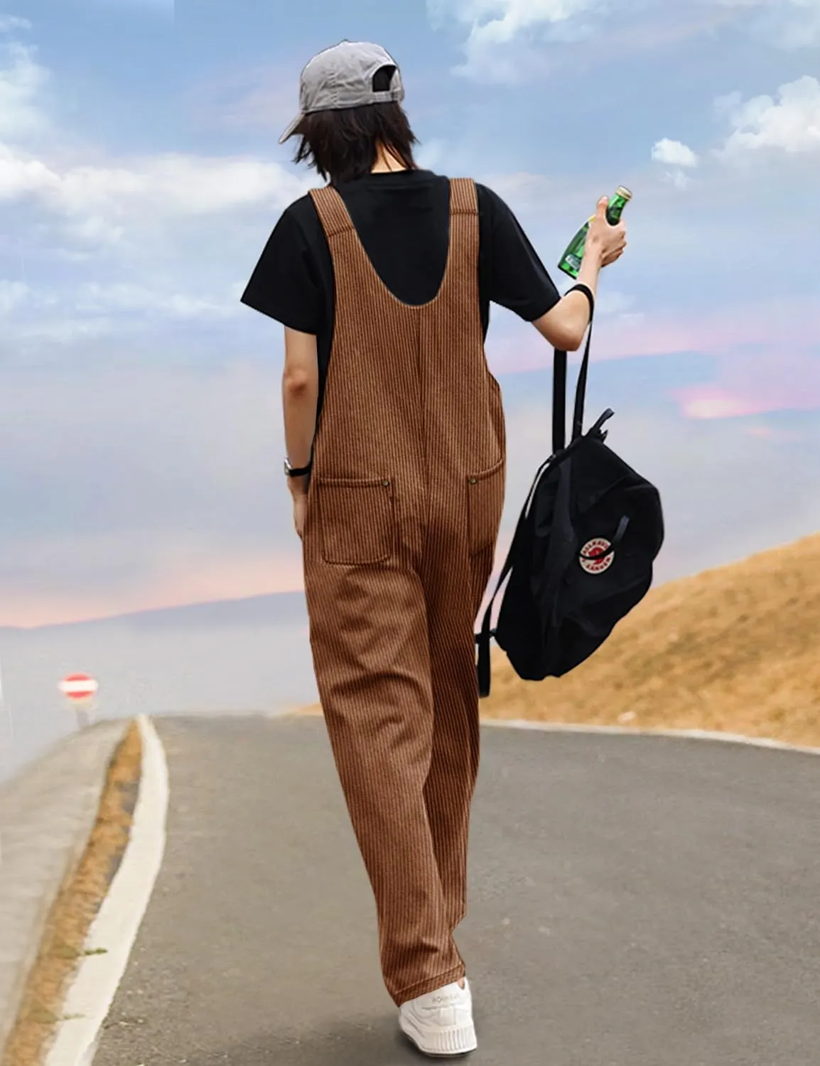 YESNO Women Corduroy Overalls Casual Adjustable Straps Bib Jumpsuits Fall Outfits with Side Buttons Closure and Pockets PCD