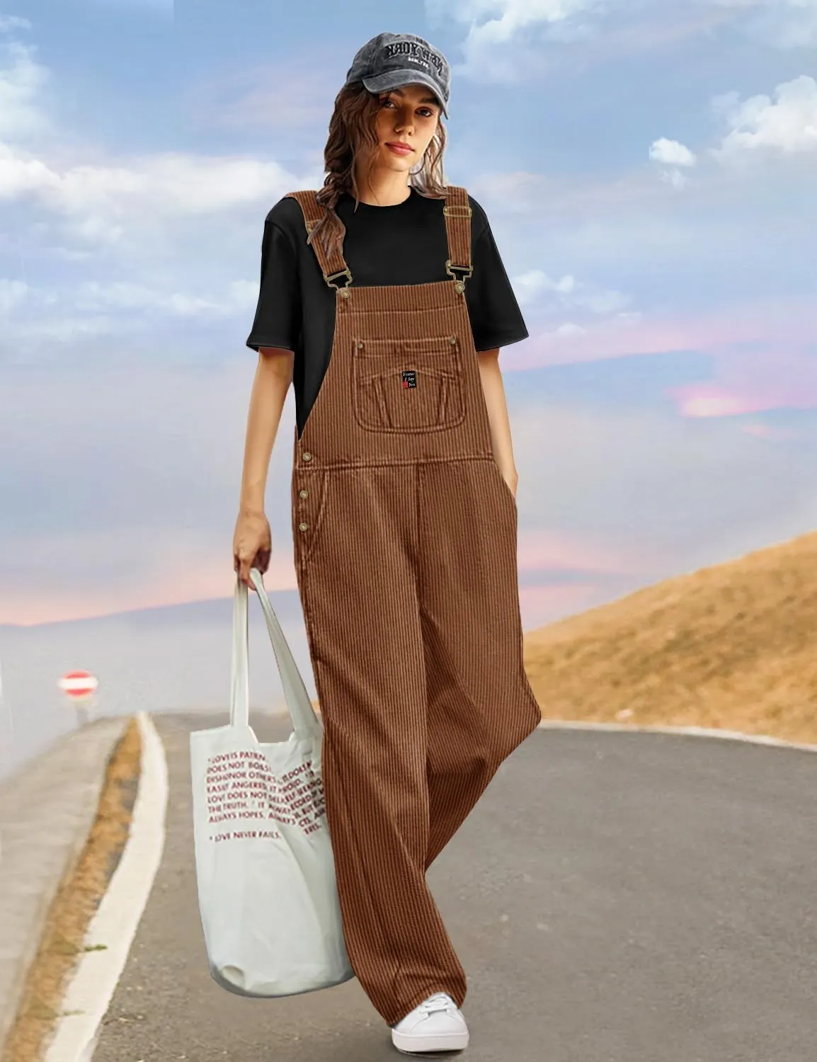 YESNO Women Corduroy Overalls Casual Adjustable Straps Bib Jumpsuits Fall Outfits with Side Buttons Closure and Pockets PCD