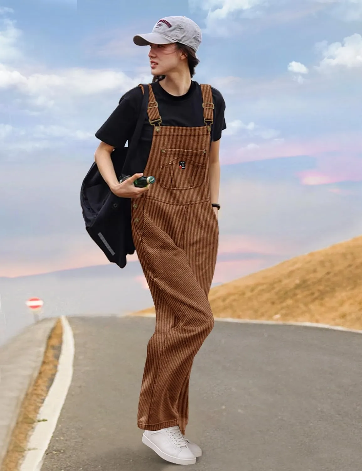 YESNO Women Corduroy Overalls Casual Adjustable Straps Bib Jumpsuits Fall Outfits with Side Buttons Closure and Pockets PCD